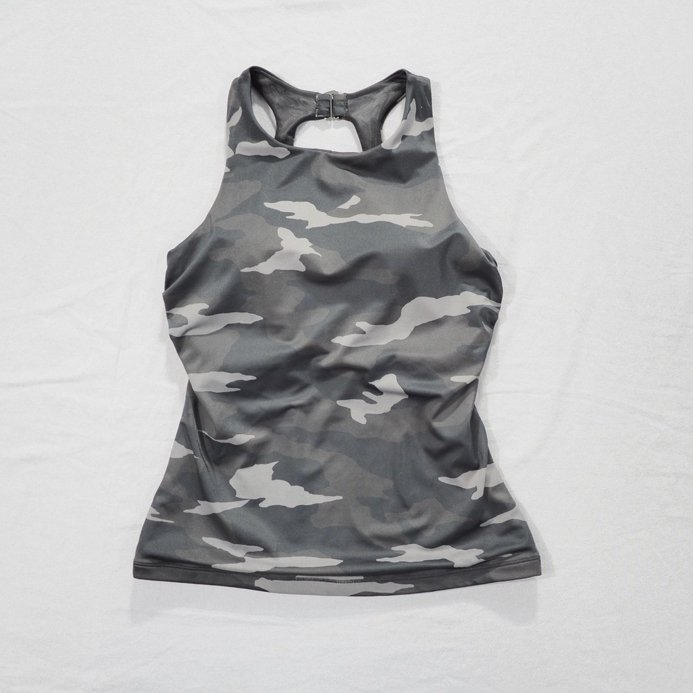 Athleta Tankini Top Womens 34 D/DD Gray Camo Swim Work Out Racerback Support